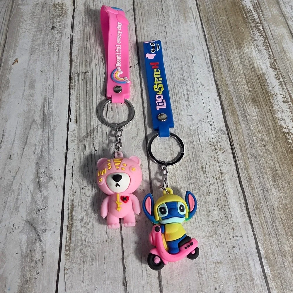 Lilo and Stitch and Pink Bear Silicone Keychain Set 3D Character Bag Charms